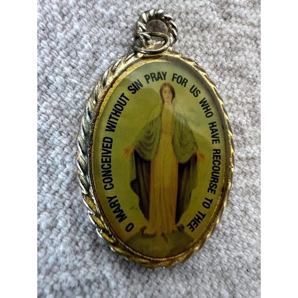 Vintage Miraculous Medal Virgin Mary Pendant Gold Tone Religious Charm